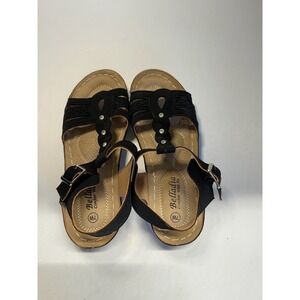Belladia Comfort Wide Fit Black Strappy Sandals Rhinestone Wedge Women's Size 7W